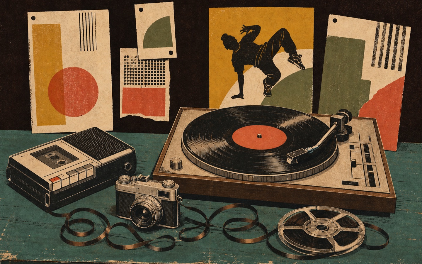 Retro hip-hop media desk with a dancer poster, turntable, recorder, camera, and film reels for dance audio replacement